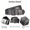 Unisex punk belt with square beads and triple grommets, perfect for edgy fashion and versatile styling for men and women.
