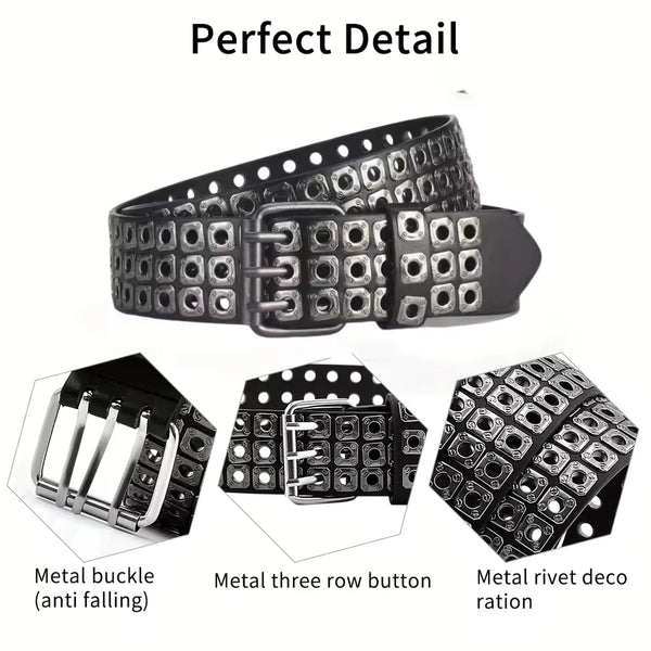 Unisex punk belt with square beads and triple grommets, perfect for edgy fashion and versatile styling for men and women.