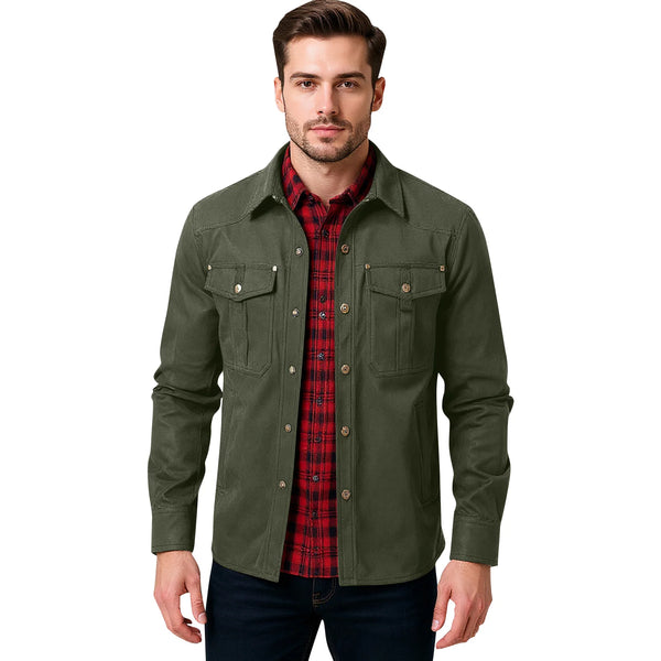 Men's Western Flannel-Lined Casual Jacket with metal buttons, multiple pockets, and soft flannel lining for warmth and style.