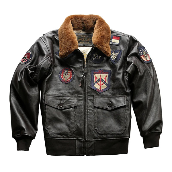 Men's Top Gun inspired leather bomber jacket in black with plush lamb wool collar.