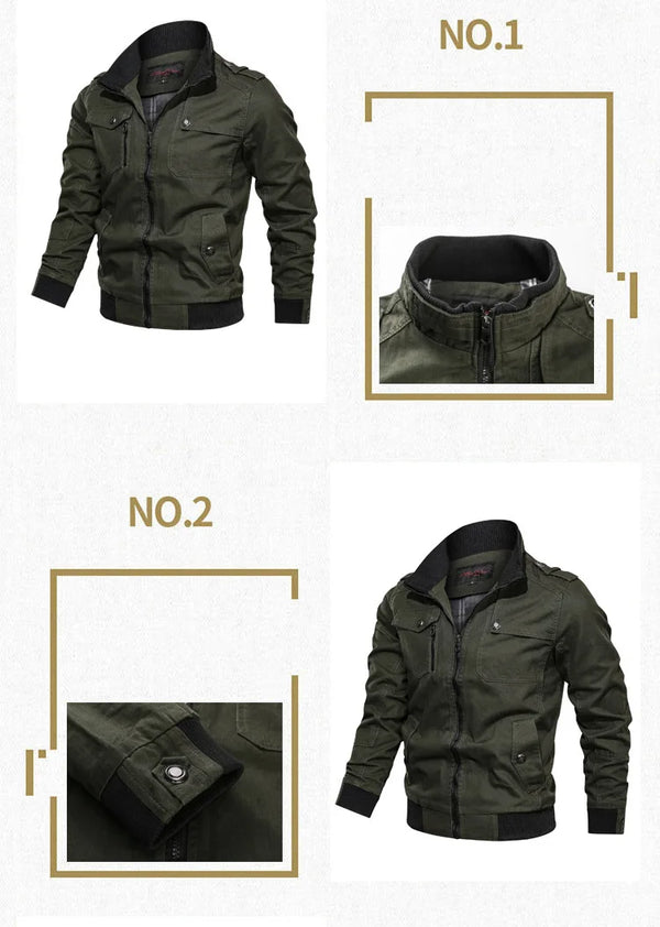 Men's Tactical Military Jacket in cotton, lightweight windbreaker with cargo pockets, stand collar, perfect for outdoor adven