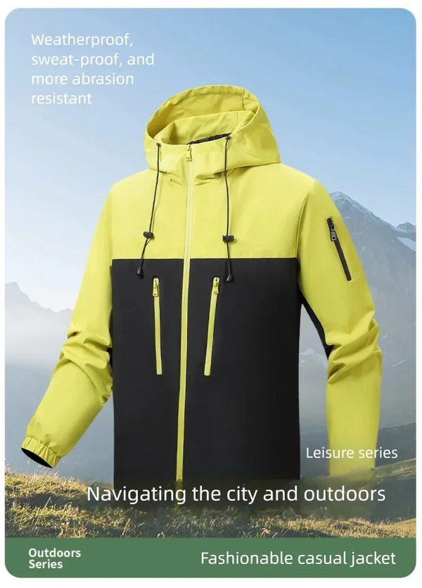 Men's waterproof hiking and urban windbreaker jacket with full-zip closure, oversized fit, and ribbed cuffs for warmth.