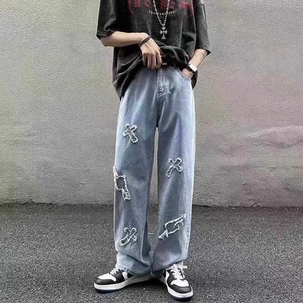 Men's hip hop style black denim jeans, perfect for city streets.