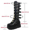 Gothic knee-high platform boots for women with wedge heel, buckle closure, perfect for Halloween, cosplay, and edgy fashion.