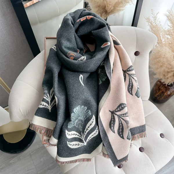 Versatile scarf for women, can be worn in multiple ways, featuring a chic leaf print.