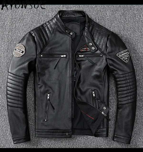 Men's slim fit leather motorcycle jacket in premium cow leather with stand collar and zip closure, perfect for spring and aut