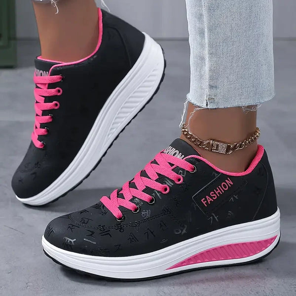 Side profile of chunky platform sneakers showing wedge elevation