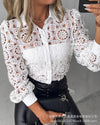 Elegant white lace blouse with long sleeves, turn-down collar, perfect for office wear and formal occasions.