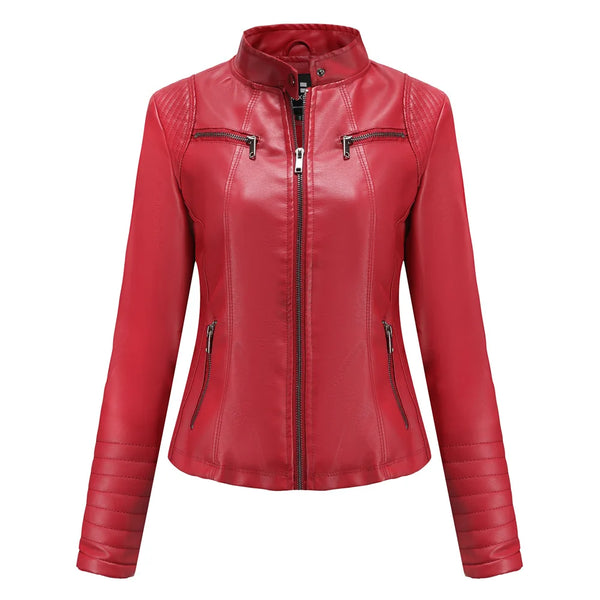 Chic women's slim leather biker jacket with zip detail, stand-up collar, and tailored fit for stylish urban looks.