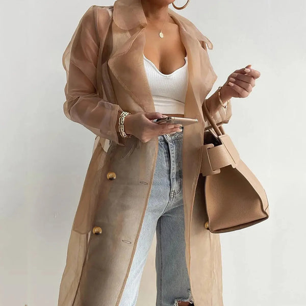 Sunshield belted trench coat in sheer lightweight polyester with adjustable waist tie