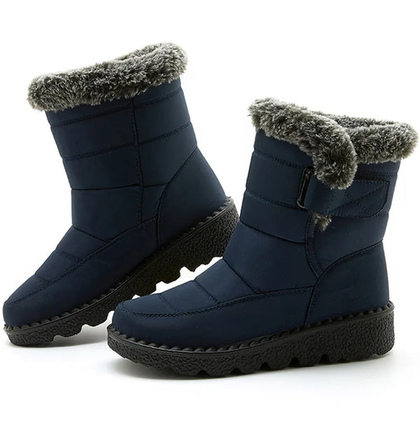 Chic women's waterproof winter boots with plush lining, low heel, and secure hook-and-loop closure for cold weather comfort.