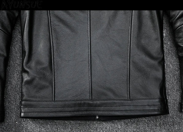 Men's slim fit leather motorcycle jacket in premium cow leather with stand collar and zip closure, perfect for spring and aut