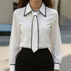 Elegant Bow Tie Blouse for Women in slim fit, perfect for office wear with turn-down collar and stylish bow tie detail.
