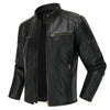 Premium men's leather biker jacket in rich brown with stand collar, crafted from durable first-layer calfskin leather.