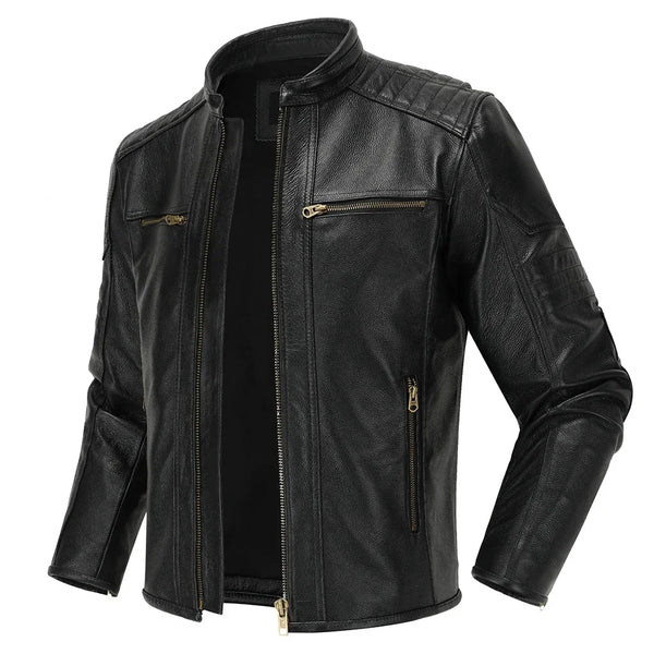 Premium men's leather biker jacket in rich brown with stand collar, crafted from durable first-layer calfskin leather.