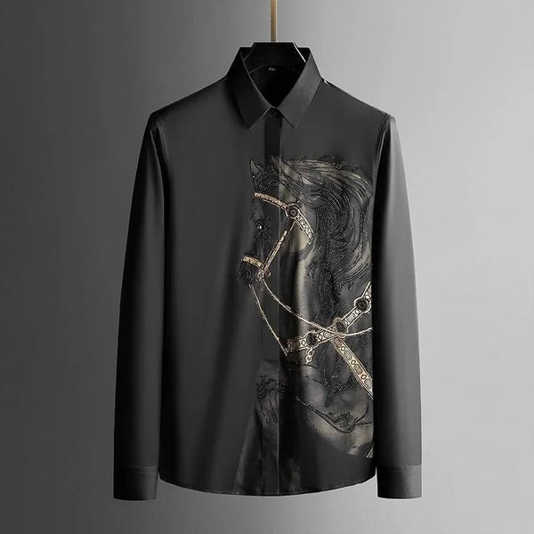 Elegant men's long sleeve printed shirt with turn-down collar, vibrant print, perfect for business casual or stylish outings.