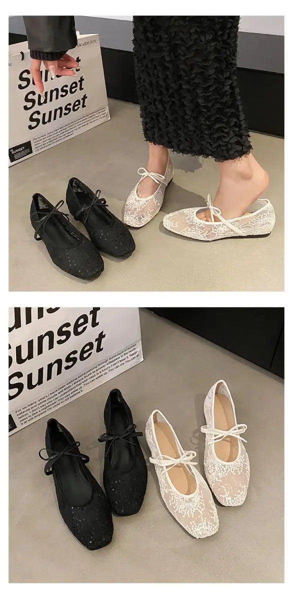 Pair of bow-tied ballet flats with contemporary square toe and handcrafted embroidery details