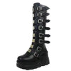 Gothic knee-high platform boots for women with wedge heel, buckle closure, perfect for Halloween, cosplay, and edgy fashion.