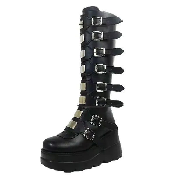 Gothic knee-high platform boots for women with wedge heel, buckle closure, perfect for Halloween, cosplay, and edgy fashion.