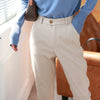 Stretch suit pants with high-waist design and classic button fly for boardroom to evening wear transitions