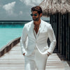 Elegant white linen men's suit for beach weddings, featuring a slim fit design.