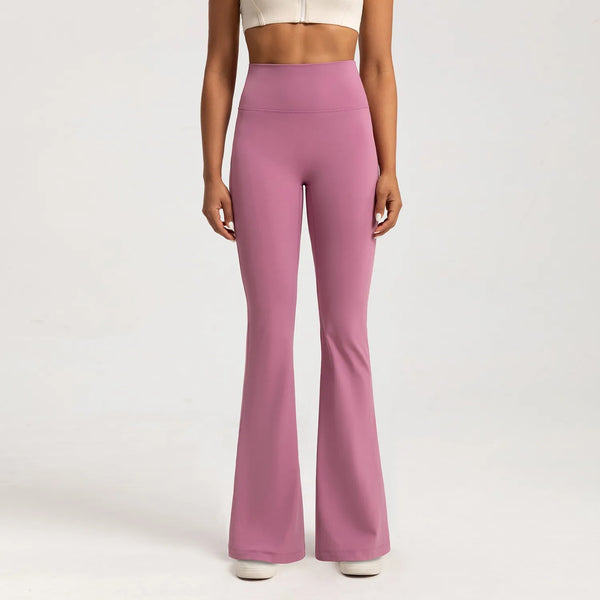 Close-up of elastic waistband on high-waist wide-leg yoga pants for women.