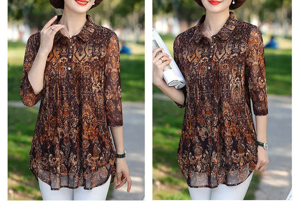 Model enjoying a sun-drenched afternoon in the Spring Whispers blouse at an outdoor cafΓ©.