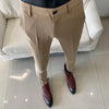 Slim fit business dress pants for men in black, khaki, and navy blue, perfect for autumn office wear and events.