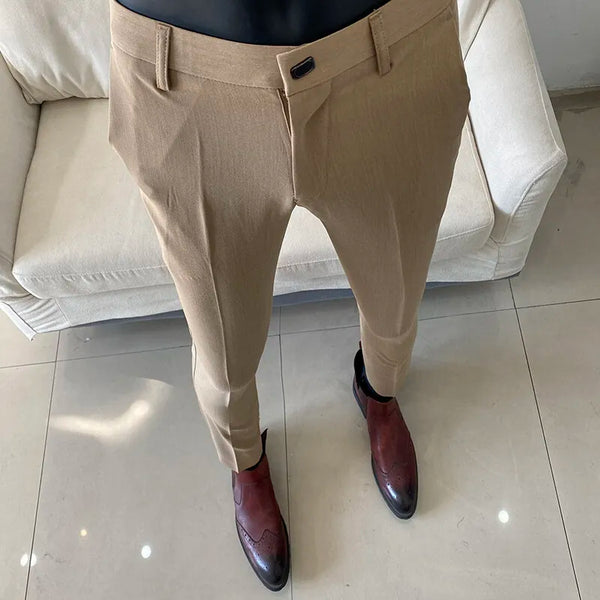 Slim fit business dress pants for men in black, khaki, and navy blue, perfect for autumn office wear and events.