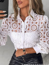 Elegant white lace blouse with long sleeves, turn-down collar, perfect for office wear and formal occasions.