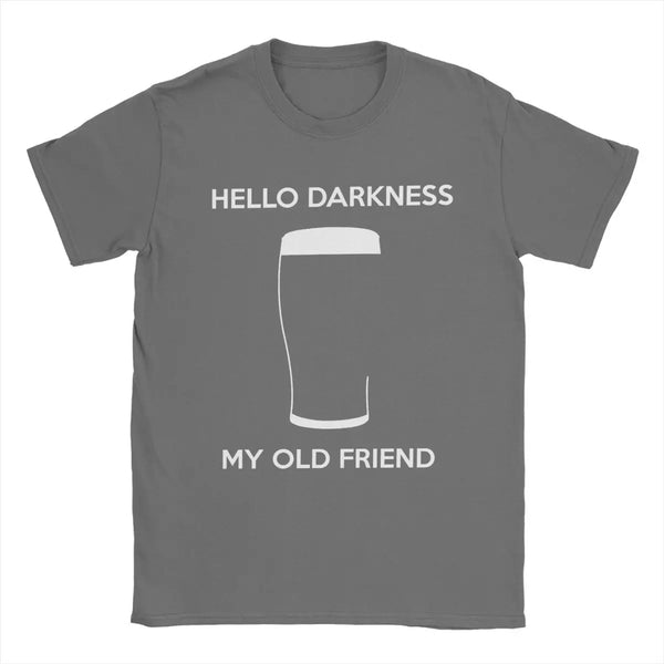 Hello Darkness Beer Lover's Cotton T-Shirt in black, featuring a playful beer print, perfect for casual outings and gifts.