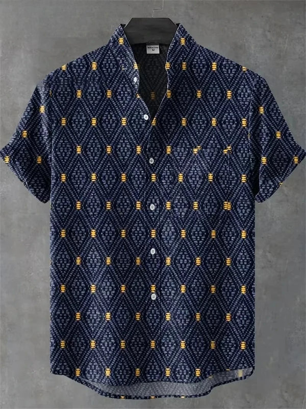 Regular-fit beach shirt combining denim-look fabric with artistic geometric pattern