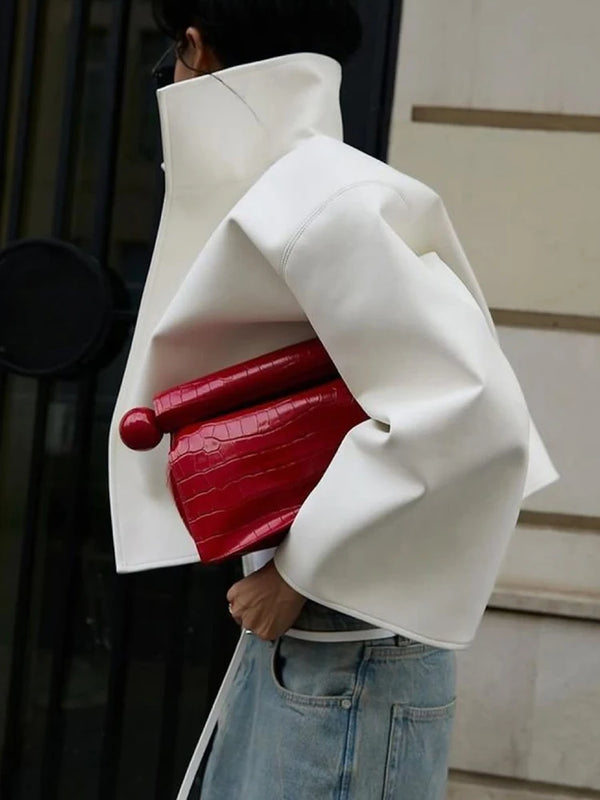 Front view of urban PU leather jacket with minimalist single-breasted design