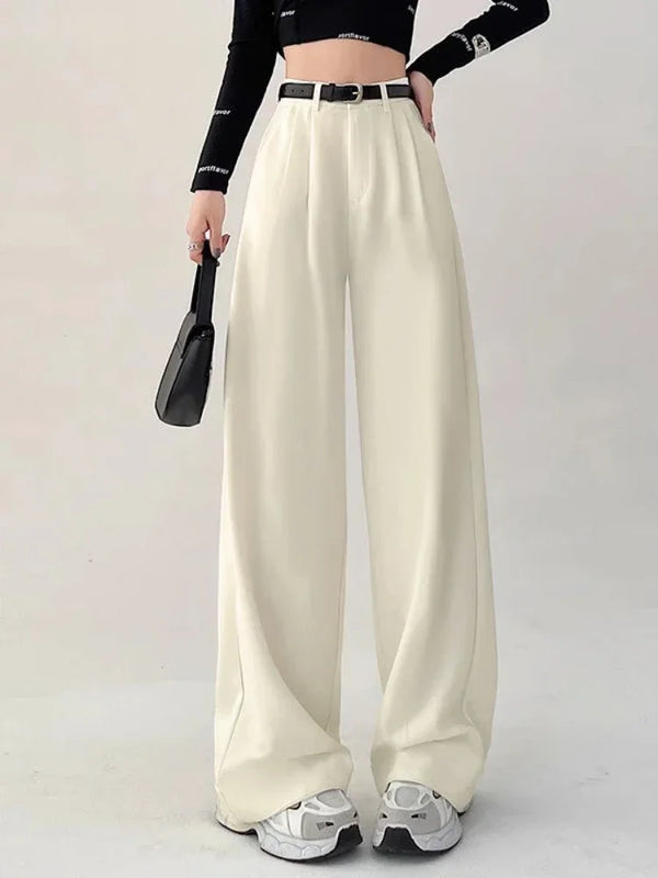 Chic high waist wide leg trousers with belt, perfect for office or casual wear, made from breathable polyester blend.