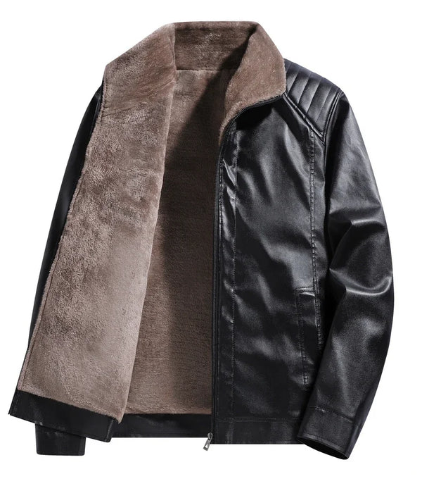 Men's faux leather jacket with a rugged look and warm fleece lining.