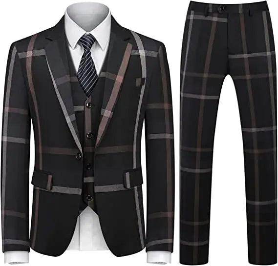 Elegant plaid 3-piece men's suit for formal occasions, featuring a single-breasted jacket and flat-front pants in premium pol