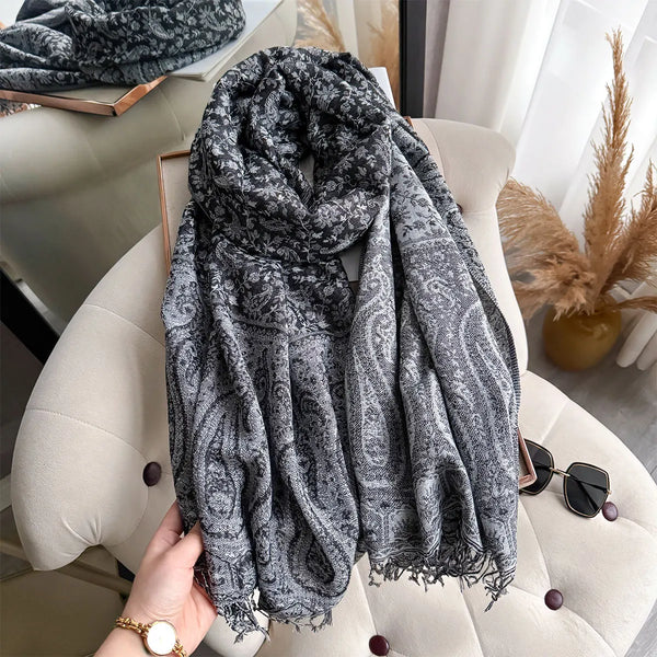 Paisley pattern on lightweight pashmina scarf, ideal for layering.