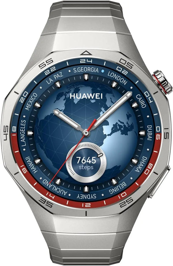 Close-up of the Huawei Watch GT 5 Pro displaying real-time mapping and stress tracking.