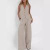 Radiant Summer Suit in light beige, sleeveless design, cotton-linen blend for comfort.