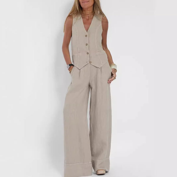 Radiant Summer Suit in light beige, sleeveless design, cotton-linen blend for comfort.