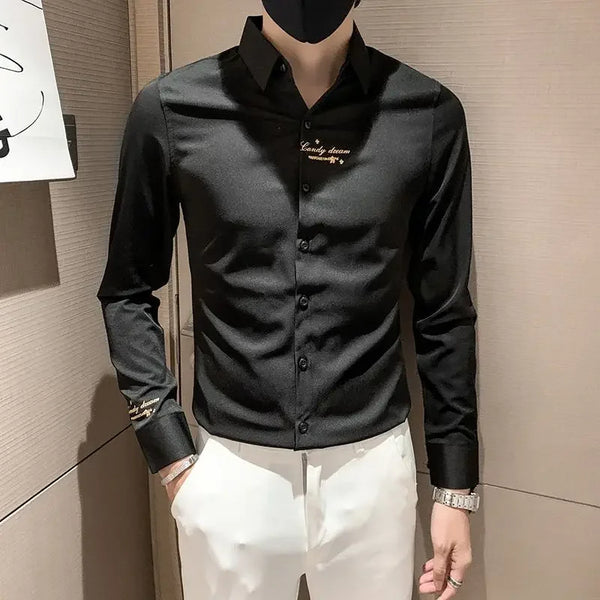 Elegant men's embroidered white long sleeve shirt with turn-down collar, perfect for casual and social events.