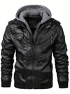Sleek men's PU leather biker jacket with detachable hood, slim fit, perfect for autumn and winter, stylish and windproof.