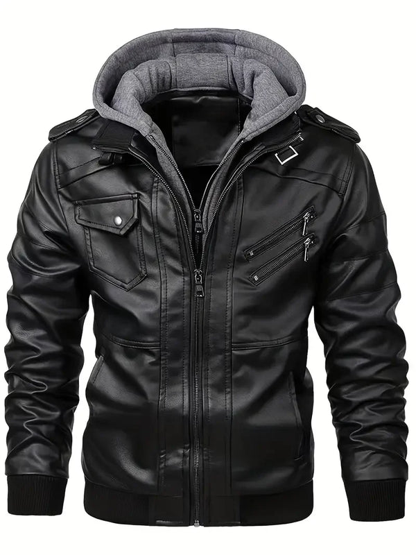 Sleek men's PU leather biker jacket with detachable hood, slim fit, perfect for autumn and winter, stylish and windproof.