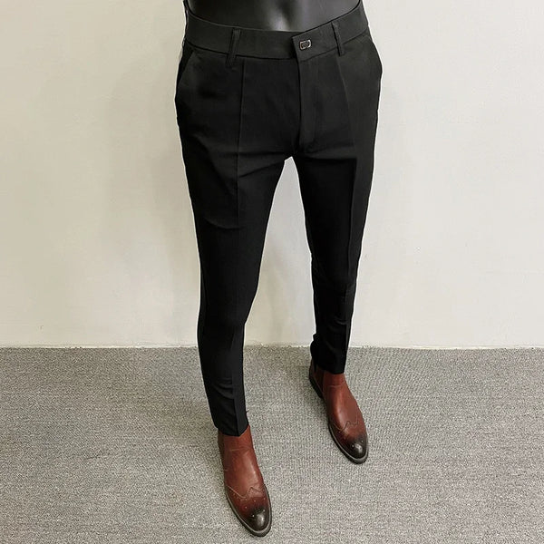 Men's slim fit stretch suit trousers in solid color, perfect for formal events and office wear, made from cotton, polyester,