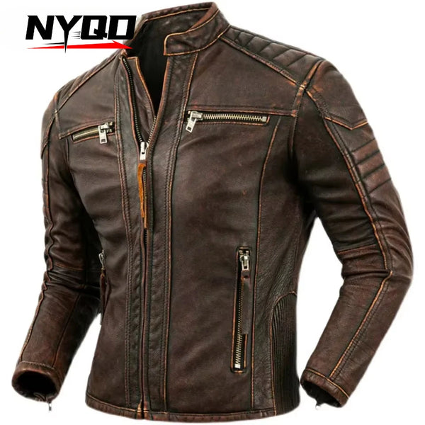 Premium men's leather biker jacket in rich brown with stand collar, crafted from durable first-layer calfskin leather.