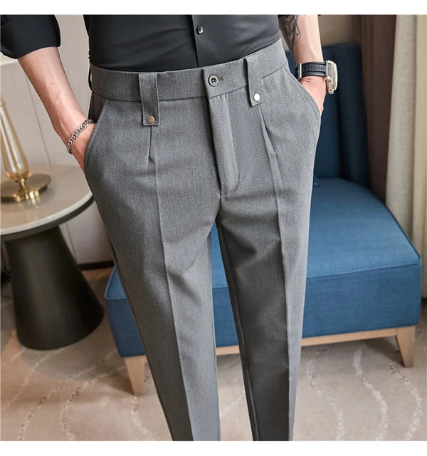 Men's slim fit dress pants in British style with elastic waist, perfect for casual or formal occasions, made from polyester b