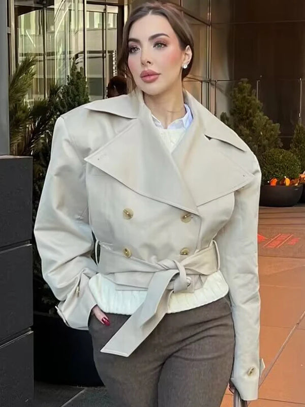 Elegant short-length trench coat with adjustable waist belt