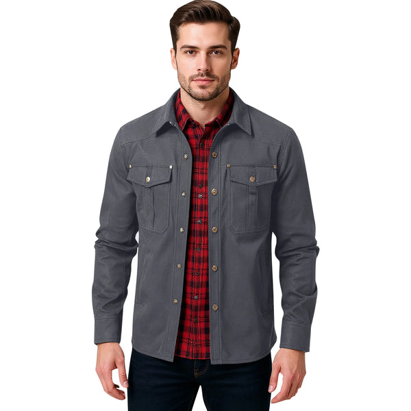 Men's Western Flannel-Lined Casual Jacket with metal buttons, multiple pockets, and soft flannel lining for cool weather comf