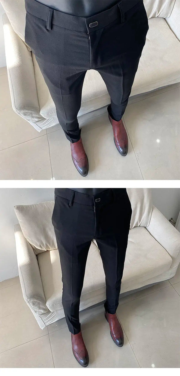Slim fit business dress pants for men in black, khaki, and navy blue, perfect for autumn office wear and smart casual events.