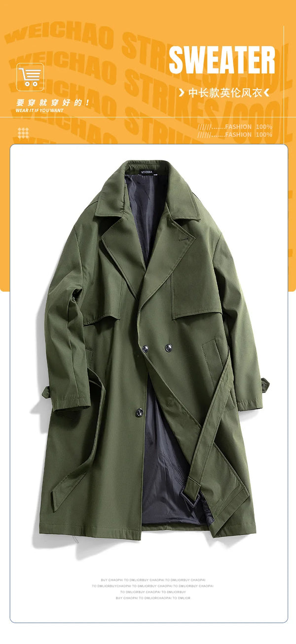 Men's military green slim fit trench coat with double-breasted closure and notched lapel, perfect for spring and autumn wear.